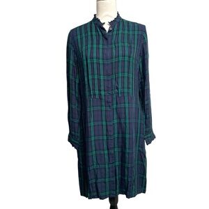 Brooks Brothers Navy Green Plaid Ruffle Shirt Dress Button Front 12
